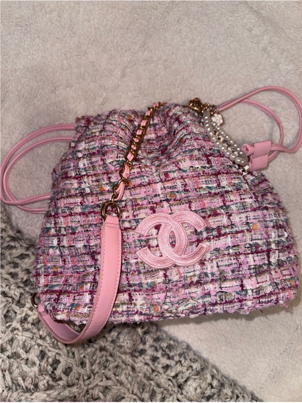 Chanel Pink Tweed Drawstring Crossbody with Pearl-Trim Chain